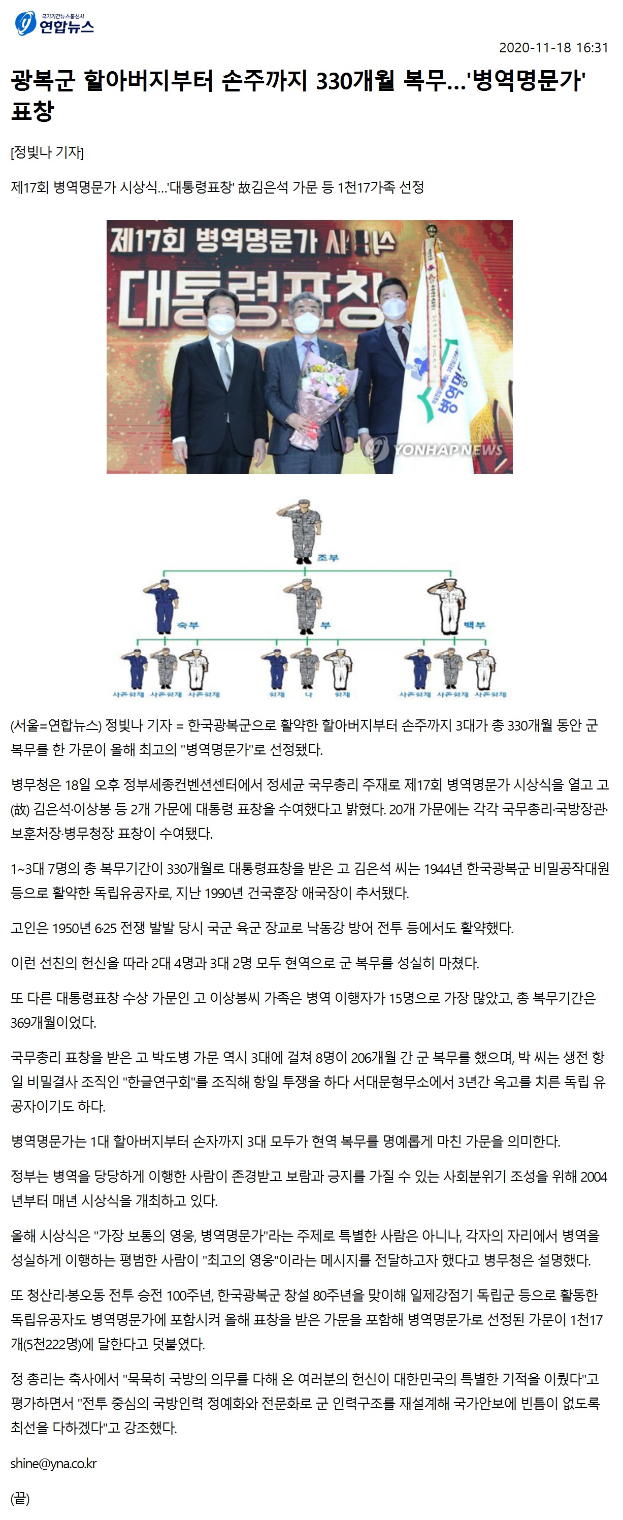 연합뉴스_광복군 할아버지부터 손주까지 330개월 복무…'병역명문가' 표창1