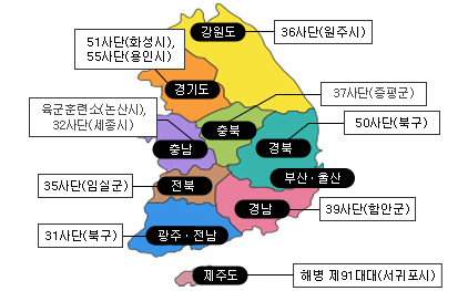 교육소집부대 표시된 지도, 경기도 : 육군훈련소(논산시), 강원도 : 36사단(원주시), 충북 : 37사단(증평군), 충남 : 육군훈련소(논산시), 32사단(세종시), 전북 : 35사단(임실군), 광주전남 : 31사단(북구), 경남 : 39사단(함안군), 제주 : 해병 제91대대(서귀포시)