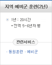 향방훈련(2년) : 1년:20시간 *전역5~6년차 병 (관련서비스: 동원훈련·예비군)