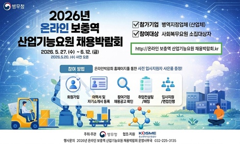 2026년 온라인 보충역 산업기능요원 채용박람회
2026. 5. 27.(수)~6. 12.(금) *2026. 5. 20.(수) 사전 오픈

- 참가기업: 병역지정업체(산업체)
- 참여대상: 사회복무요원 소집대상자

참여URL: http://온라인보충역산업기능요원채용박람회.kr

참여 방법: 온라인박람회 홈페이지를 ㄹ통한 사전 입사지원자 사은품 증정!

회원가입-> 이력서 및 자기소개서 등록 -> 참여기업 채용공고 확인 -> 취업컨설팅/매칭 -> 입사지원/면접진행