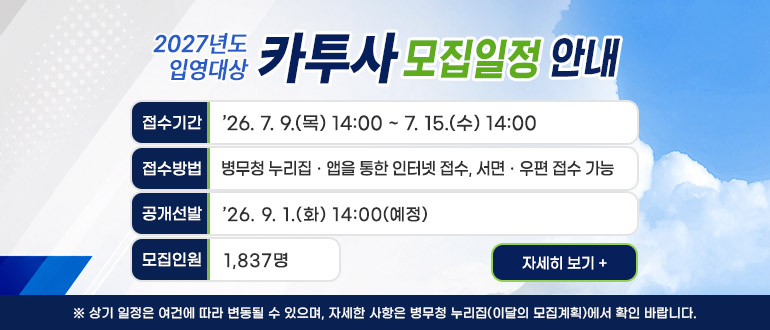 2027년도 입영대상 카투사 모집일정 안내
접수기간 : '26.7.9.(목) 14:00 ~ 7.15.(수) 14:00
접수방법 : 병무청 누리집, 앱을 통한 인터넷 접수, 서면, 우편 접수 가능
공개선발 : '26.9.1.(화) 14:00(예정)
모집인원 : 1,837명
자세히보기 +
※ 상기 일정은 여건에 따라 변동될 수 있으며, 자세한 사항은 병무청 누리집(이달의 모집계획)에서 확인 바랍니다.