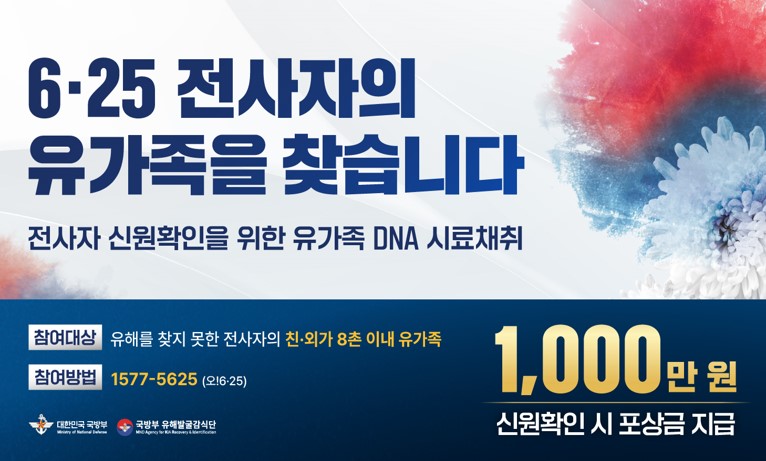625 전사자의 유가족을 찾습니다
전사자 신원확인을 위한 유가족 DNA 시료채취

참여대상: 유해를 찾지 못한 전사자의 친/외가 8촌 이내 유가족
참여방법: 1577-5625

1,000만원 신원확인 시 포상금 지급