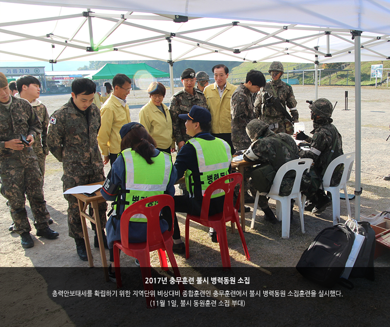 2017년 충무훈련 불시 병력동원 소집. 총력안보태세를 확립하기 위한 지역단위 비상대비 종합훈련인 충무훈련에서 불시 병력동원 소집훈련을 실시했다.(11월 1일, 불시 동원훈련 소집 부대)