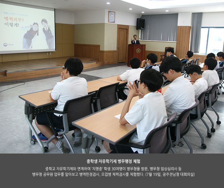 중학생 자유학기제 병무행정 체험. 중학교 자유학기제와 연계하여 ‘치평중‘ 학생 30여명이 병무청을 방문, 병무청 임상심리사 등 병무청 공무원 업무를 알아보고 병역판정검사, 모집병 체력검사를 체험했다. (7월 19일, 광주전남청 대회의실)