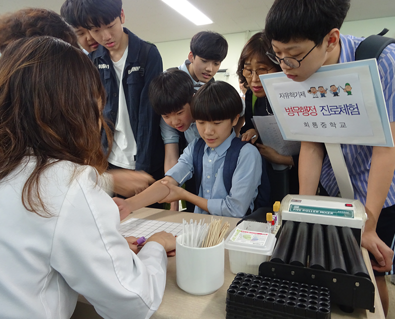 경기북부병무지청은 회룡중학교 자유학기제 학생들을 초청하여 병무행정과 관련된 다양한 직업군을 만나보는 진로체험행사를 실시했다. (9월 12일, 병역판정검사장)