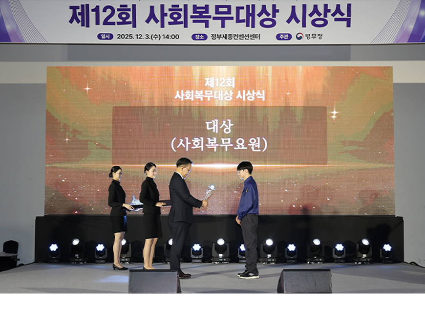 병무청은 정부세종컨벤션센터에서 열린 제12회 사회복무대상 시상식에서 우수 사회복무요원에게 시상 후 기념촬영을 했다.