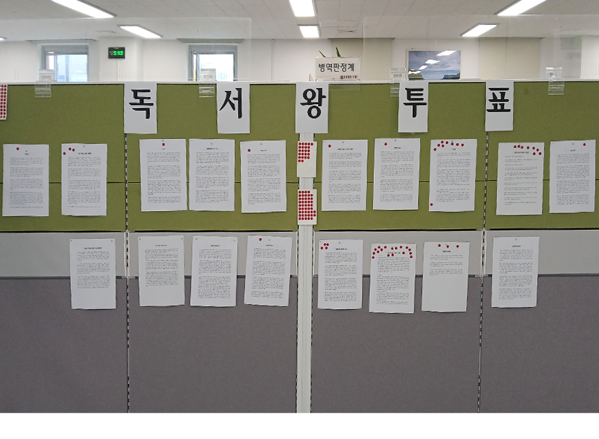 병무민원상담소는 조직 내 독서활동을 장려하고 지식 교류를 활성화하기 위하여 독서왕 선발 대회를 실시하였다.